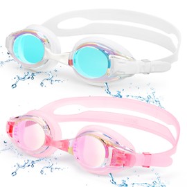 Aegend 2 Pack Kids Goggles, Swimming Goggles for Kids Age 4-16 Boys and Girls Youth, Anti-Fog Pool Goggles, White & Pink