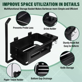 Goldusk Storage Bin for Traeger Grills with Paper Towel Holder and Drink Holder Accessories Outdoor Grill for Traeger Ironwood 650/885, PRO 575/780/34/22, for Pit boss, for Z-Grills Smoker Side Basket