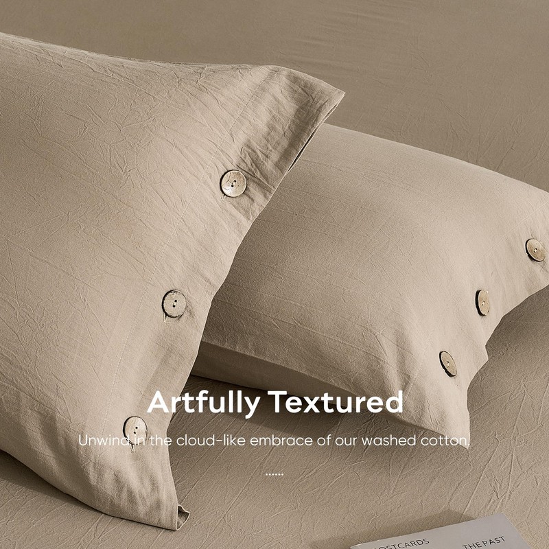 JELLYMONI 100% Washed Cotton Pillowcases, Standard, Button Closure