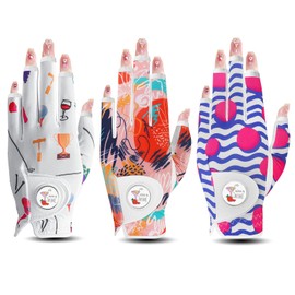 VEASAERS Golf Gloves Women Right Handed Golfer Left Hand with Ball Marker 3 Pack, Ladies Breathable Soft All Weather Grip Printed Pattern Colored Glove (3 Pack Half Finger, Medium, Worn On Left Hand)