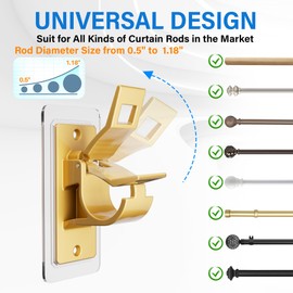 12PCS Self Adhesive Curtain Rod Bracket, No Drilling Curtain Rod Holders, 20lbs Load Capacity Golden Hangers for Bathroom, Living Room, Kitchen