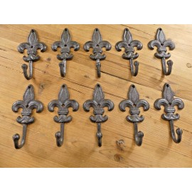 MIDWEST CRAFT HOUSE 10 LARGE Cast Iron Fleur De Lis Coat Hooks Hook Hall Tree Hat Dog Leash Fluer