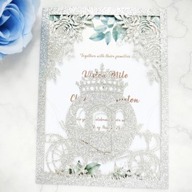JOACHUUY 20PCS Princess Carriage quinceanera invitations,15 year,sweet 16 invitations,1 birthday invitations,laser cut invitations for birthday and more (silver)
