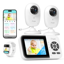 Simyke Smart Baby Monitor with 2 Cameras and Audio,App,Long Range,Night Vision,Temperature Sensor,2 Way Talk, Feeding Clock and lullabies,Home Use