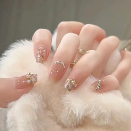 Press On Nails, Beauty Pattern Fake Nails, Summer Cute Stick on nails, Short Square Almond Ballet Shape Glue on Nails on 24PCs (Nude Foil Pearl)