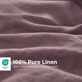 Simple&Opulence 100% Washed Linen Duvet Cover with Embroidered, 3 Pieces Soft Farmhouse Comforter Set with Button Closure,1 Duvet Cover and 2 Pillowshams(King,Purple)