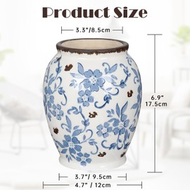 Hollyone Blue and White Porcelain Vase Large Chinoiserie Floral Vintage Tall Blue Ceramic Vases for Home Mantle Shelf Living Room Table Centerpieces Decor, 7 Inch