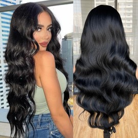 ISAMY Long Wavy Wigs for Women 26Inch Synthetic Middle Part Curly Wavy Natural Looking Synthetic Wig for Daily Part Use (Black)