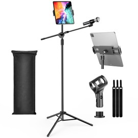 OUKMIC Boom Mic Stand, Microphone Stand Floor with Tablet Phone Holder, Heavy Duty Mic Stand Tripod Adjustable Height and Angle 35-65 Inch With Portable Mic Stand Bag for Singing Karaoke Stage