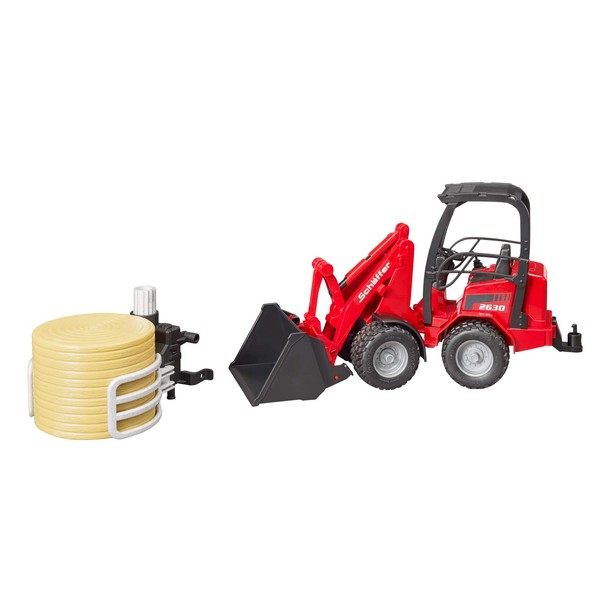Bruder 02192 Schaffer Compact Loader 2630 Farm Tractor with Shovel, Bale Gripper and 1 Round Hay Bale