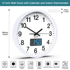 Wall Clock, 12 Inch Analog Clock with LED Digital Clock/LCD Time Date and Temperature Display, Battery Operated, Dial Ultra-Quiet Movement Quartz Wall Clock for Office Classroom School Home Bedroom