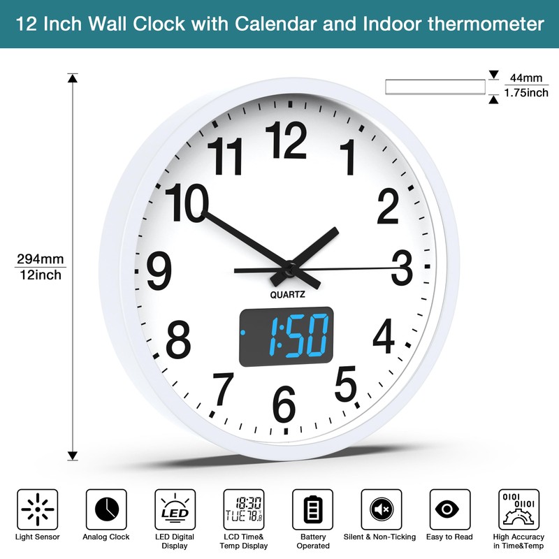Wall Clock, 12 Inch Analog Clock with LED Digital Clock/LCD