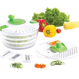 HUJI Salad Spinner and Mandoline Multifunctional Set, Vegetable Dryer With 6 Blades and Pouring Spout - 4L (2PK)
