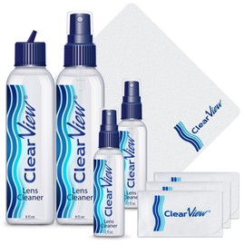 Clear View Lens Cleaner Kit – 4 Bottles + 4 Microfiber Cloths | Streak-Free Eyeglass & Screen Cleaning Spray | Safe for AR & Blue-Light Lenses | 8 oz + Travel Sizes