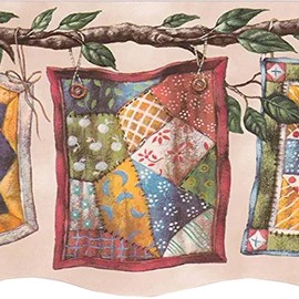 CONCORD WALLCOVERINGS ™ ", Quilted Laundry Line Wallpaper Border, 6.5" x 15' Retro Patchwork Blankets, Prepasted for Easy Installation, Country Farmhouse Style in Muted Tones #BP007135B