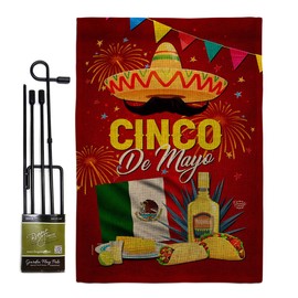 Cinco Festival Burlap Garden Flag - Set with Stand Summer de Mayo Party Cactus Pinata Sombrero Mexican Fiesta Outdoor - House Decoration Banner Small Yard Gift Double-Sided Made In USA 13 X 18.5