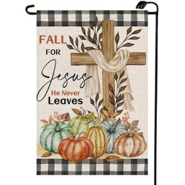 Cross Pumpkins Thanksgiving Garden Flag 12x18 Inch Double Sided Fall for Jesus He Never Leaves Buffalo Plaid Small Flags Seasonal Autumn Holiday Farmhouse Outside Decorations For Yard QJ19