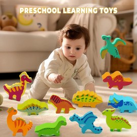 Peeokuo 11Pcs Wooden Stacking Dinosaur Toys, Dinosaur Balance Toys for Kids 3 4 5 6 7 Years Old, Dinosaur Building Blocks Set, Preschool Montessori Toys for Boys and Girls, Birthday Gift Ideas