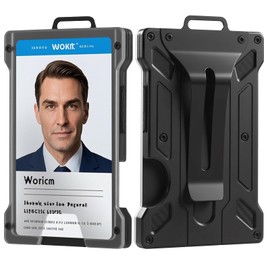 WSJSKMWQ ID Badge Holder, Slim Aluminum Alloy Card Sleeve with RFID Blocking, Metal Money Clip, Holds 15 Cards – for Work, Police, Outdoor (Black)