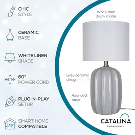 Catalina Lighting 24294-000 Ceramic Table Lamp for Office, Living Room, Dorm or Bedroom, Smart Home Compatible, Bulb Not Included, 19", Grey