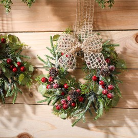 Dingion 4 Pcs Mini Christmas Cabinet Wreaths Artificial Small Kitchen Wreath 9 Inch Mini Faux Garland with Burlap Ribbon for Vintage Farmhouse Rustic Retro Front Door Porch Indoor Outdoor Decor
