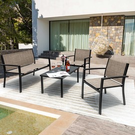 Flamaker 4 Pieces Patio Furniture Outdoor Furniture Patio Furniture Set Textilene Bistro Set Modern Conversation Set Black Bistro Set with Loveseat Tea Table for Home, Lawn and Balcony (Brown)