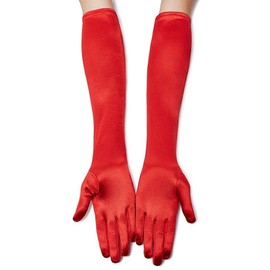 Lansian Women's 22'' Long Elbow Satin Finger Gloves Red 1920s Opera Bridal Dance Gloves for Evening Party Opera Costume, Red