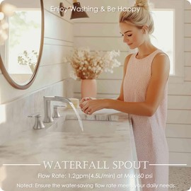 HOIGY Brushed Nickel Bathroom Faucet 3 Hole, 4-8 Inch Waterfall Bathroom Sink Faucet Widespread with Drain & cUPC Supply Hose, 2 Handles for Vanity, Lavatory, Restroom, Brass Material, 10 Mins Install