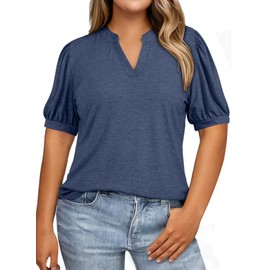 Eytino Womens Plus Size Tee Shirts Casual V Neck Puff Short Sleeve Summer Loose Blouse Tops,4X Navy Blue