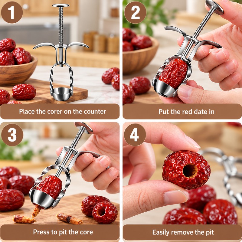 Stainless Steel Fruit Pitter for Cherries & Jujubes – Spring-Loaded