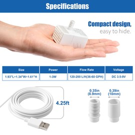 Novique 200L/H Submersible Water Pump Ultra Silent USB Small Fountain Pump with 2 Nozzles for Aquarium Fish Tank Fountain Hydroponic Bird Bath Small Pond Solar panels Garden Decoration 3W DC 3.5-9V