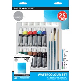 Daler-Rowney Simply Watercolour Paint 25pcs Technique Set, 12 x 12ml Assorted Colours, Ideal for Entry-Level Artists & Hobbyists
