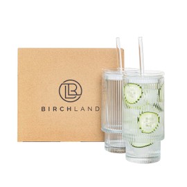 All Glass Iced Coffee Cup with Lid and Straw (16oz striped)