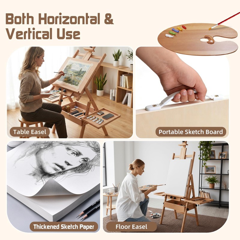 YOKUGO Beech Wood H-Frame Easel for Painting with Tray &