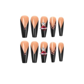 MISUD Coffin Press on Nails Long Fake Nails with Design Black French Tip Nails Glue on Nails Glossy Ballerina Rhinestones False Nails Full Cover Artificial Acrylic Nails (24Pcs,1 Glue)