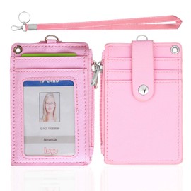 HASFINE Cute ID Badge Holder with Zipper Wallet Pink Lanyard Keychain, 2 Sided 5 Card Slots Name Badge Holder for Boys Girls Men Women and Office Staff