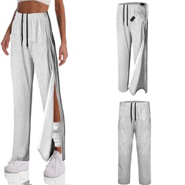 Unisex Tearaway Pants with 2 Side Zippers Snaps for Post Surgery Men Breakaway Pant Full Open Down Cotton Rip Off Sweatpants for Hip Replacement Light Grey 2XL