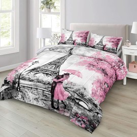 Bedbay Pink Paris Bedding Set King Size Eiffel Tower Comforter Set Romantic Couple French Style Duvet Set 4 Pcs Soft Lightweight Pink and Grey Down Comforter Set Paris Room Decor