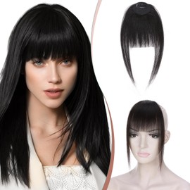 Elailite Clip in Bangs Neat Fringe with Temples Real Natural Human Hair Extensions Clip on For Women - #1B Natural Black