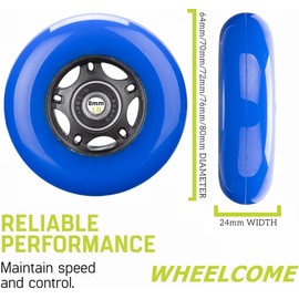 WHEELCOME Inline Skate Wheels with Bearings ABEC-9 and Floating Spacers for Blades Roller Hockey Skates, 85A Indoor & Outdoor, 64mm/70mm/72mm/76mm/80mm Dia, 4-Pack (Blue, 76mm)