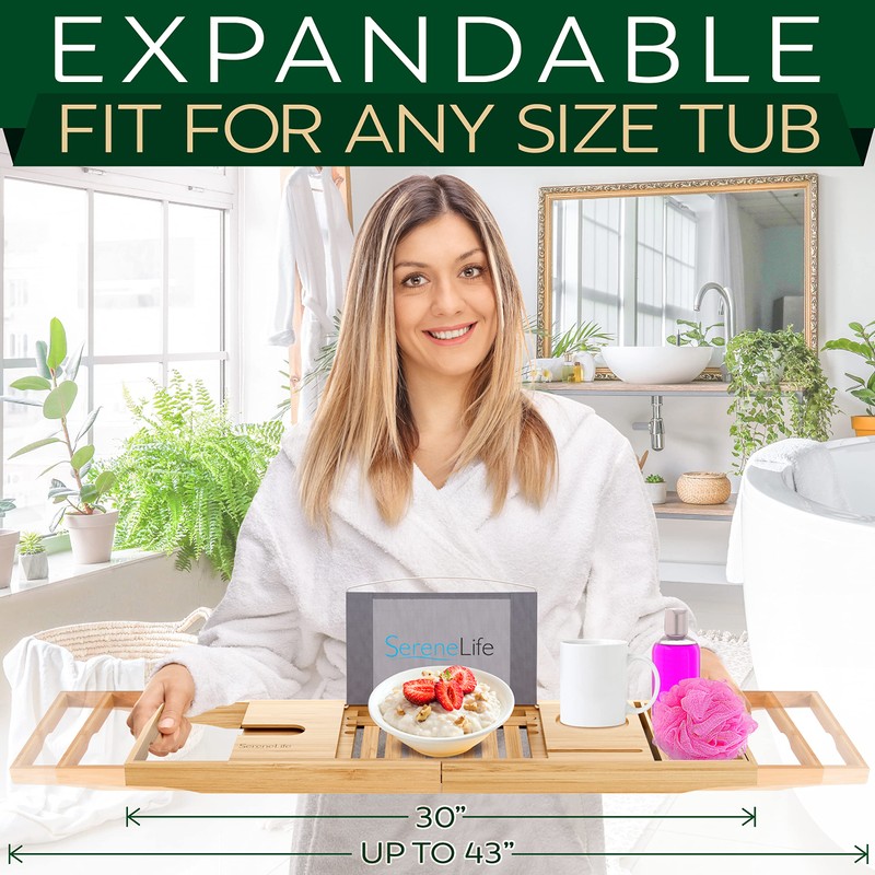 SereneLife Luxury Bamboo Bathtub Caddy Tray - Adjustable Natural Wood