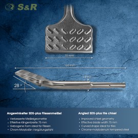 S&R S&R Hochleistungs - Fliesenmei?el SDS plus 165 mm x 75 mm abgewinkelt, Mei?el in Industrie-Qualit?t Made in Germany, optimierte Geometrie fr Fliesen und Fliesenkleber, geh?rtet, breit, Thunder