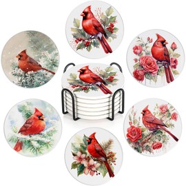 Bird Cardinal 6Pack Ceramic Drink Coasters,Quick-Absorb Stone Coasters with Anti-Slip Cork Backing & Metal Holder, Table Protectors for Kitchen Bar