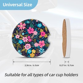 Knobcar 2 Pack Car Coasters for Cup Holders, 2.56" Universal Absorbent Ceramic Stone Car Cup Holder Coasters with Non-Slip Cork Base, Car Interior Accessories for Women Men(Colorful Flowers)