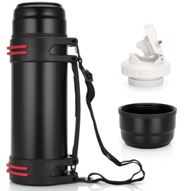 TELANKS Thermos Flask with Cup 1 L, 1.5 L or 2 L, Thermos Flask with Cup, Drinking Bottle Stainless Steel Leak-Proof Insulated Flask Camping or Hiking with Handle and Carry Strap, 24 Hours Hot and