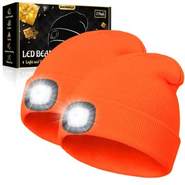MANWALD LED Beanie Hat with Light, USB Rechargeable LED Headlamp,Gifts for Christmas, Stocking Stuffers for Men, Orange,2PCS