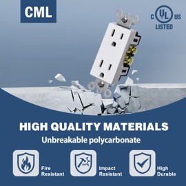 CML 15 Amp Matte White Decorator Wall Outlet, 50 Pack Decor Standard Electrical Receptacle, 15A/125V, Non-Tamper Resistant, 2 Pole 3 Wire, UL Listed