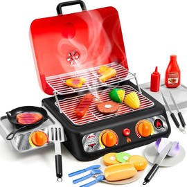 BBQ Grill Playset, Kitchen Toy Set with Pretend Smoke, Light, Sound & Color-Changing Food, Toy Kitchen Accessories, Indoor Outdoor Cooking Toy for Boys Girls Kids Springtok