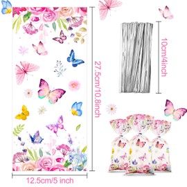 Pajean 100 Pcs Butterflies Cellophane Treat Bags Watercolor Flowers Butterfly Printed Goodie Candy Favor Bags with 100 Twist Ties for Butterfly Girls Birthday Baby Shower Summer Themed Party Supplies