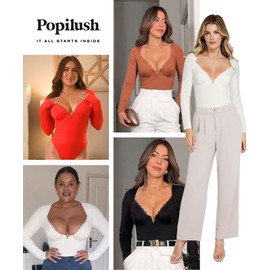 Popilush Long Sleeve Lace Body Suits Womens Shapewear Bodysuit Deep V Neck Black Tummy Control Corset Trendy Going Out Tops